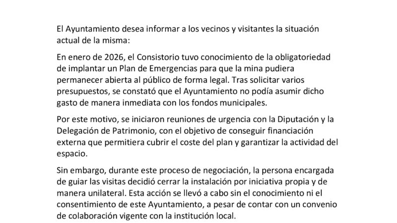 NOTA INFORMATIVA: CIERRE TEMPORAL DE LA MINA ROMANA DE LAPIS SPECULARIS LA CONDENADA.