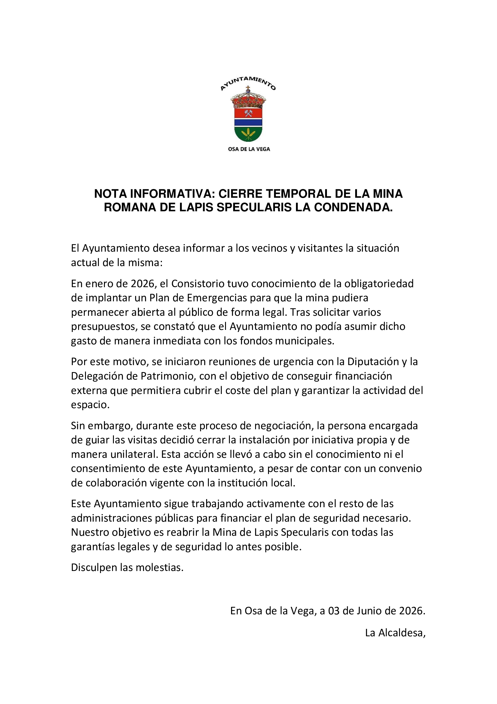 NOTA INFORMATIVA: CIERRE TEMPORAL DE LA MINA ROMANA DE LAPIS SPECULARIS LA CONDENADA.